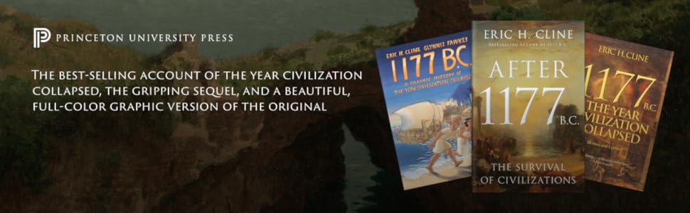 Banner showing all 3 covers of 1177 BC, After 1177 BC and the graphic edition of 1177 BC